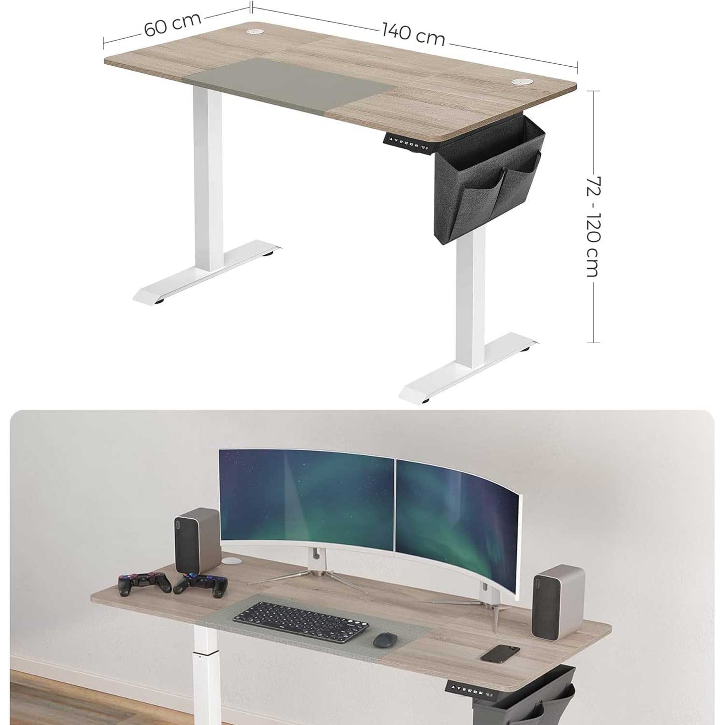 Schreibtisch, Computertisch, Höhenverstellbarer Elektrischer schreibtisch, Memory-Funktion mit 4 Höhen, basisweiß-greige, 5