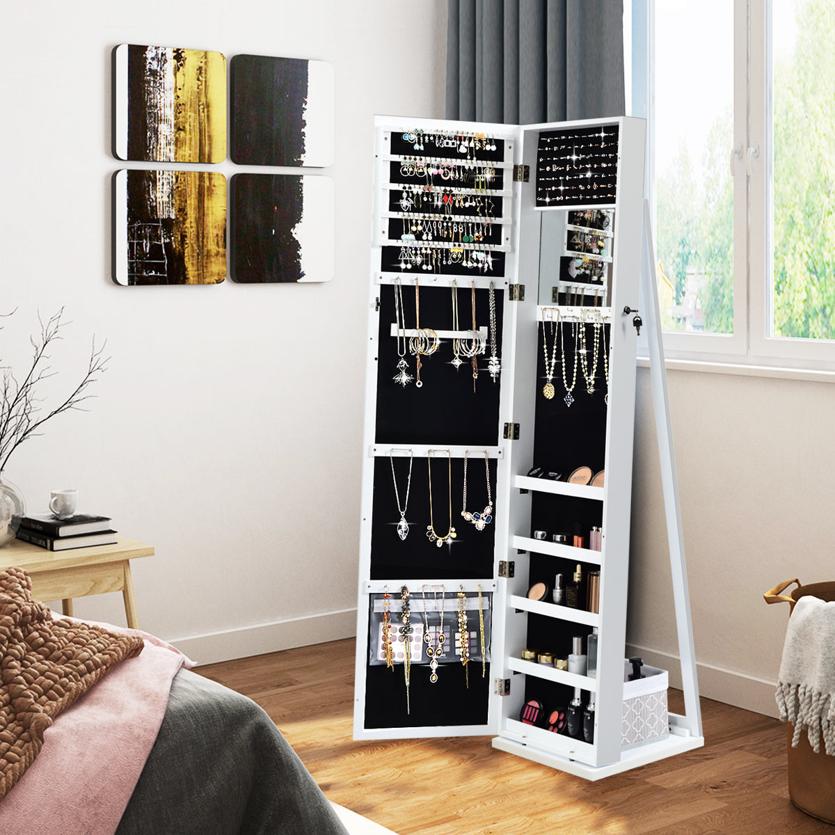 Spiegelschrank, Schmuckaufbewahrung, 2-in-1 großer und abschließbarer Schmuckschrank mit Ganzkörperspiegel Freistehender Weiß, Costway, 1