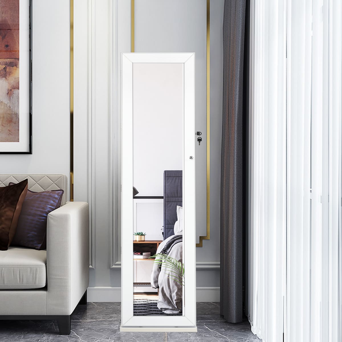 Spiegelschrank, Schmuckaufbewahrung, 2-in-1 großer und abschließbarer Schmuckschrank mit Ganzkörperspiegel Freistehender Weiß, Costway, 4