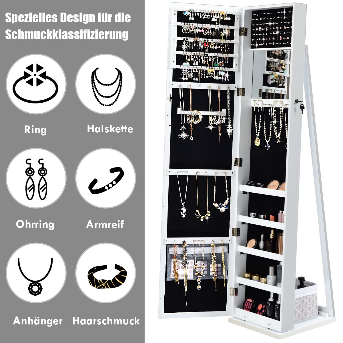 Spiegelschrank, Schmuckaufbewahrung, 2-in-1 großer und abschließbarer Schmuckschrank mit Ganzkörperspiegel Freistehender Weiß, Costway, 7