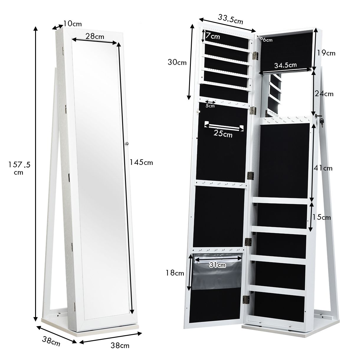 Spiegelschrank, Schmuckaufbewahrung, 2-in-1 großer und abschließbarer Schmuckschrank mit Ganzkörperspiegel Freistehender Weiß, Costway, 11