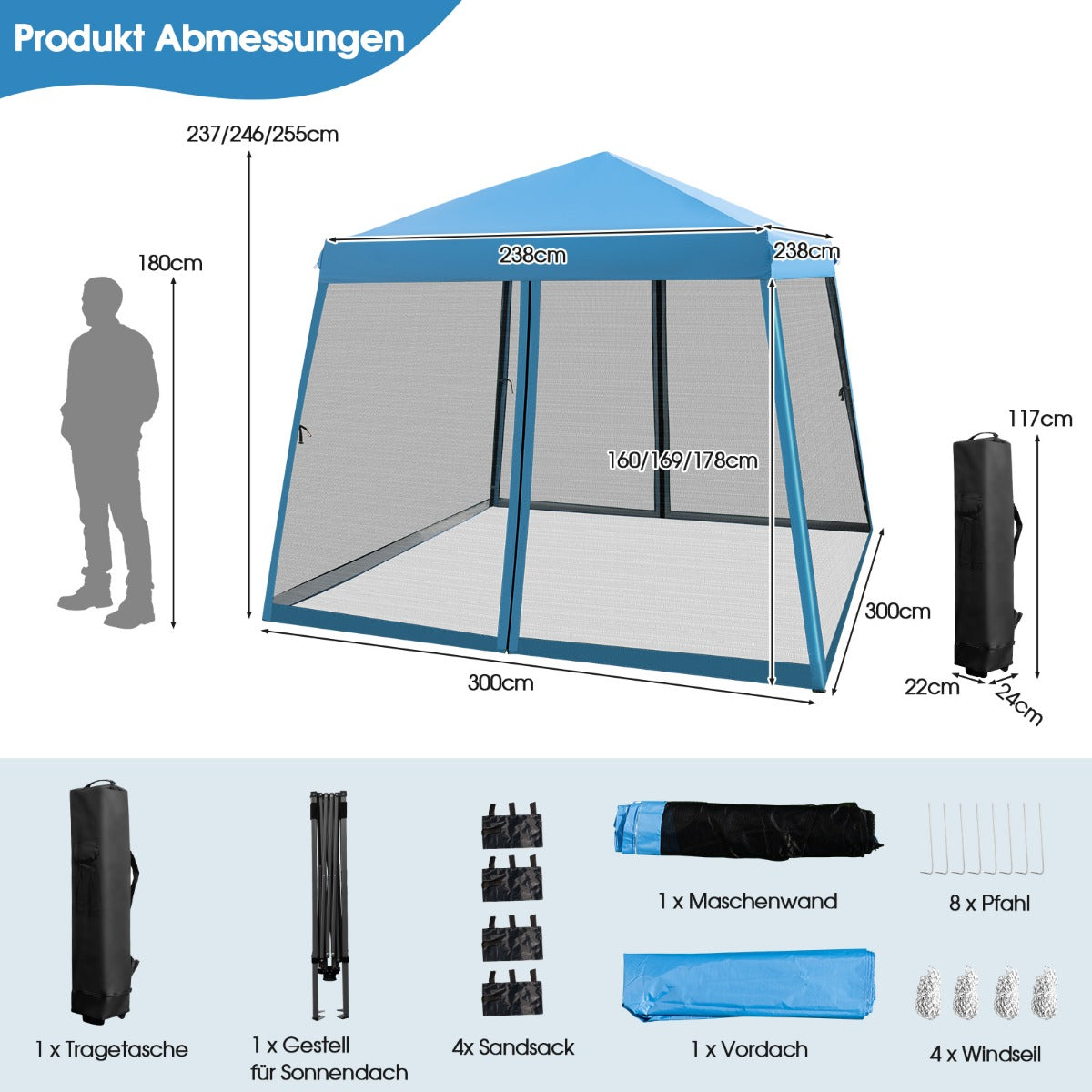 Stabile zelte, Großes Überdachungszelt Partyzelt mit Schrägen Beinen, Festzelt, Garten zelt, 3 x 3 m, Blau, Costway, 7