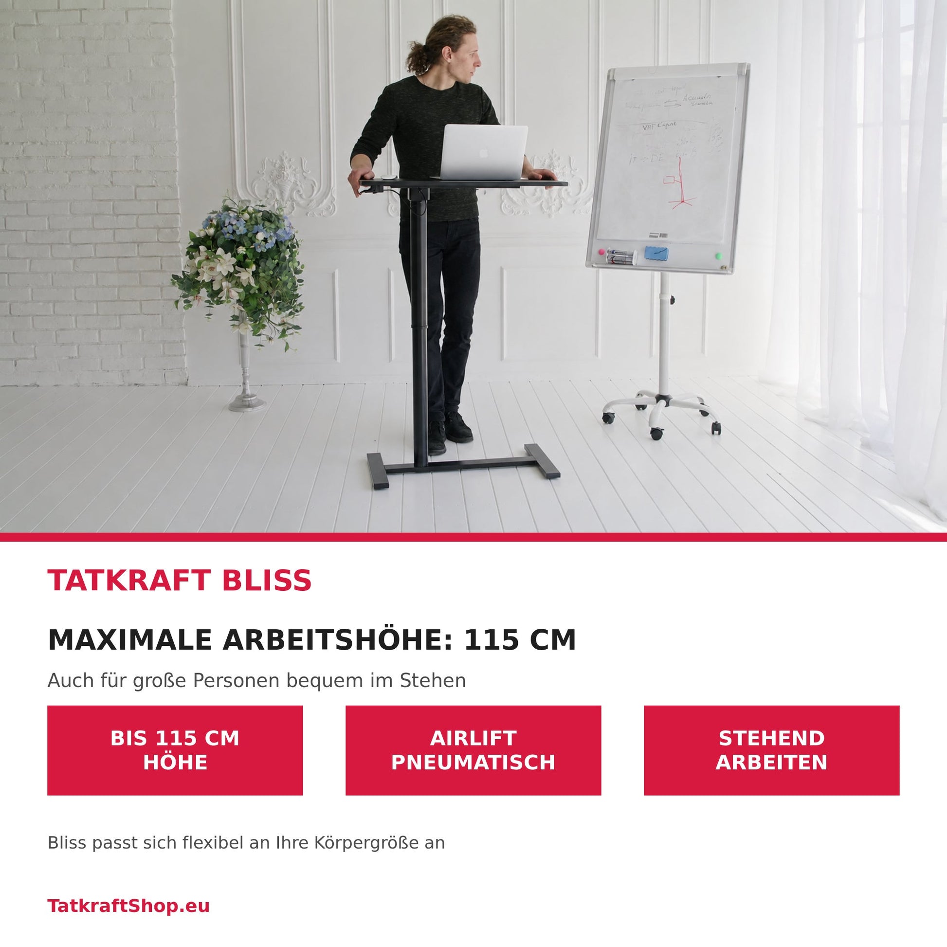 Tatkraft Bliss Laptoptisch auf maximaler Höhe 115 cm für große Personen