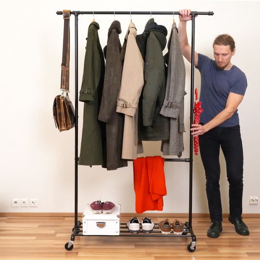 Tatkraft Drago - Kleiderständer Stabil, bis 110 kg, mit 2 Kleiderstangen, Kleiderständer Metall, Hoch, Garderobe auf Rollen, mit Schuhregal, Schwarz