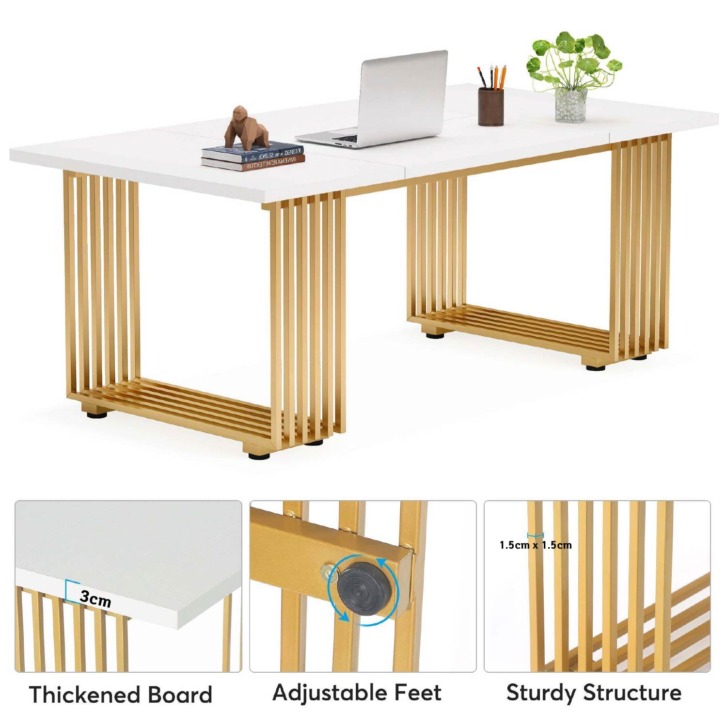 Schreibtisch, 180 x 79 x 78 cm, Computertisch, mit goldenem Beine für Home Office, Bürotisch, Konferenztisch, Weiß Gold, Tribesigns, 6