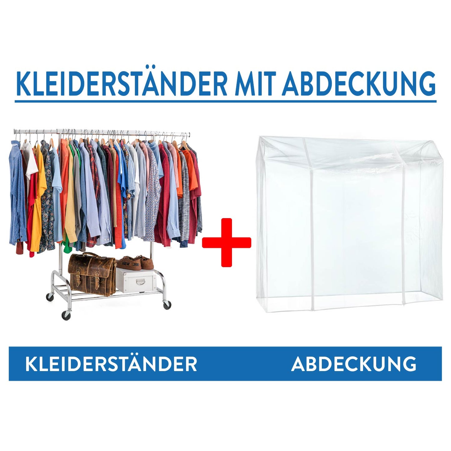 Schwerlast Kleiderständer auf Rollen mit Abdeckung, Garderobenständer mit Ablage, Verchromt Stahl, Tatkraft Tiger & Defender, 3