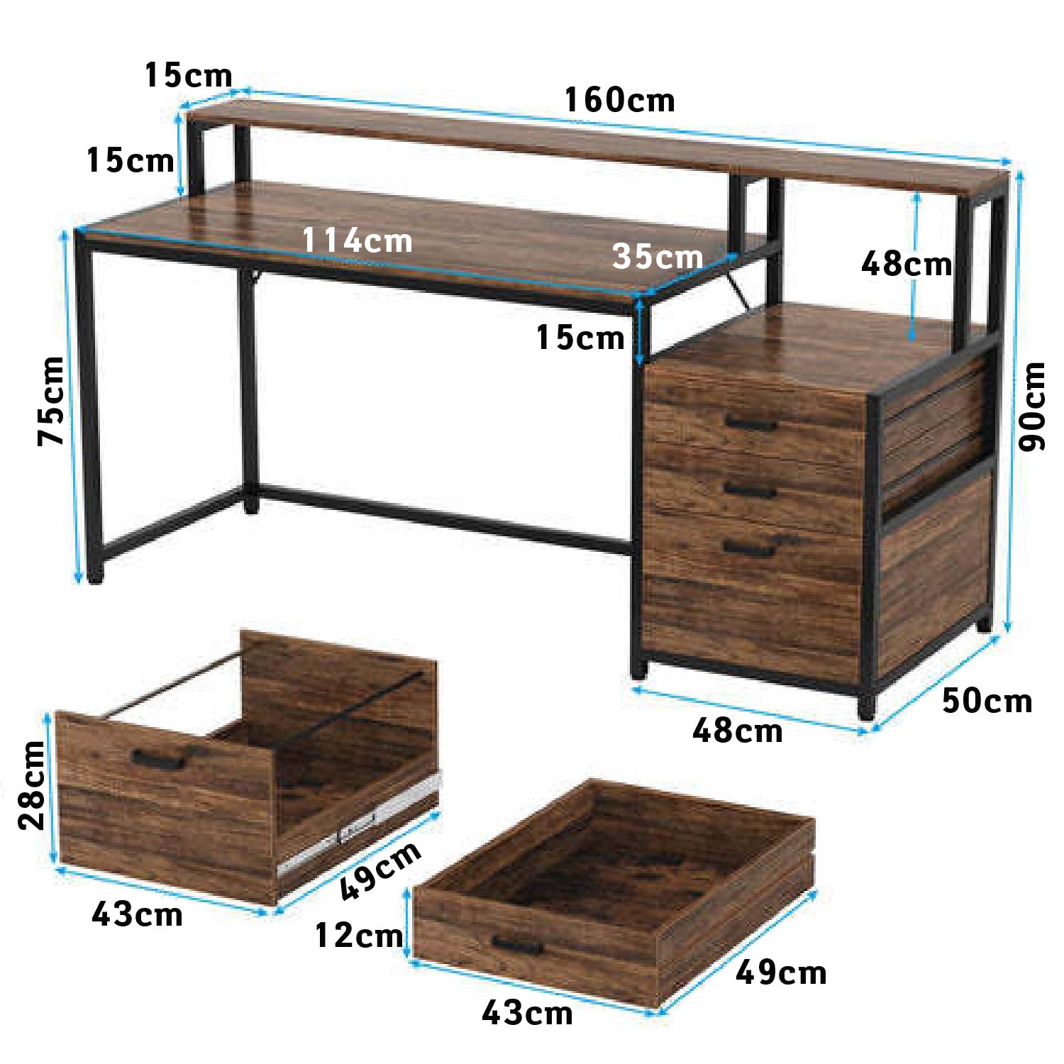 Schreibtisch mit Schubladen, Computertisch, 160x50x90cm, mit Druckerplatz und Monitorständer, Ergonomischer Bürotisch, für Home Office, Tribesigns, 7