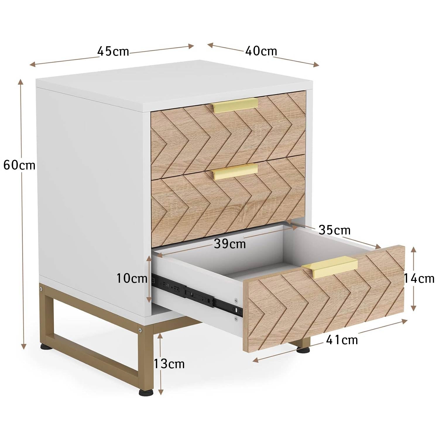 Tribesigns - Nachttisch, Nachttisch mit Schublade, Nachtschrank, 3 Schubladen, Nachtkommode, Beistelltisch, Weiß, Gold, 7