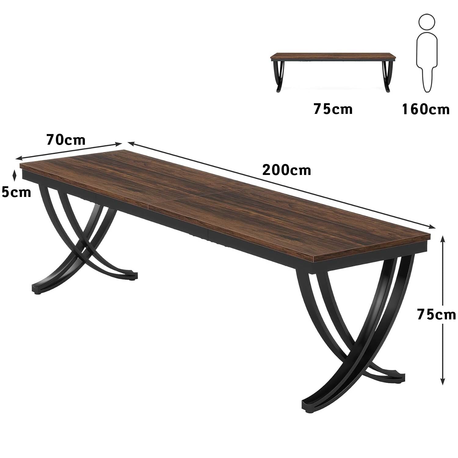 Schreibtisch, 200 x 70 x 75 cm, Konferenztisch, für 6–8 Personen, Bürotisch, für Meeting, mit starkem Metallrahmen, Braun, Tribesigns, 9