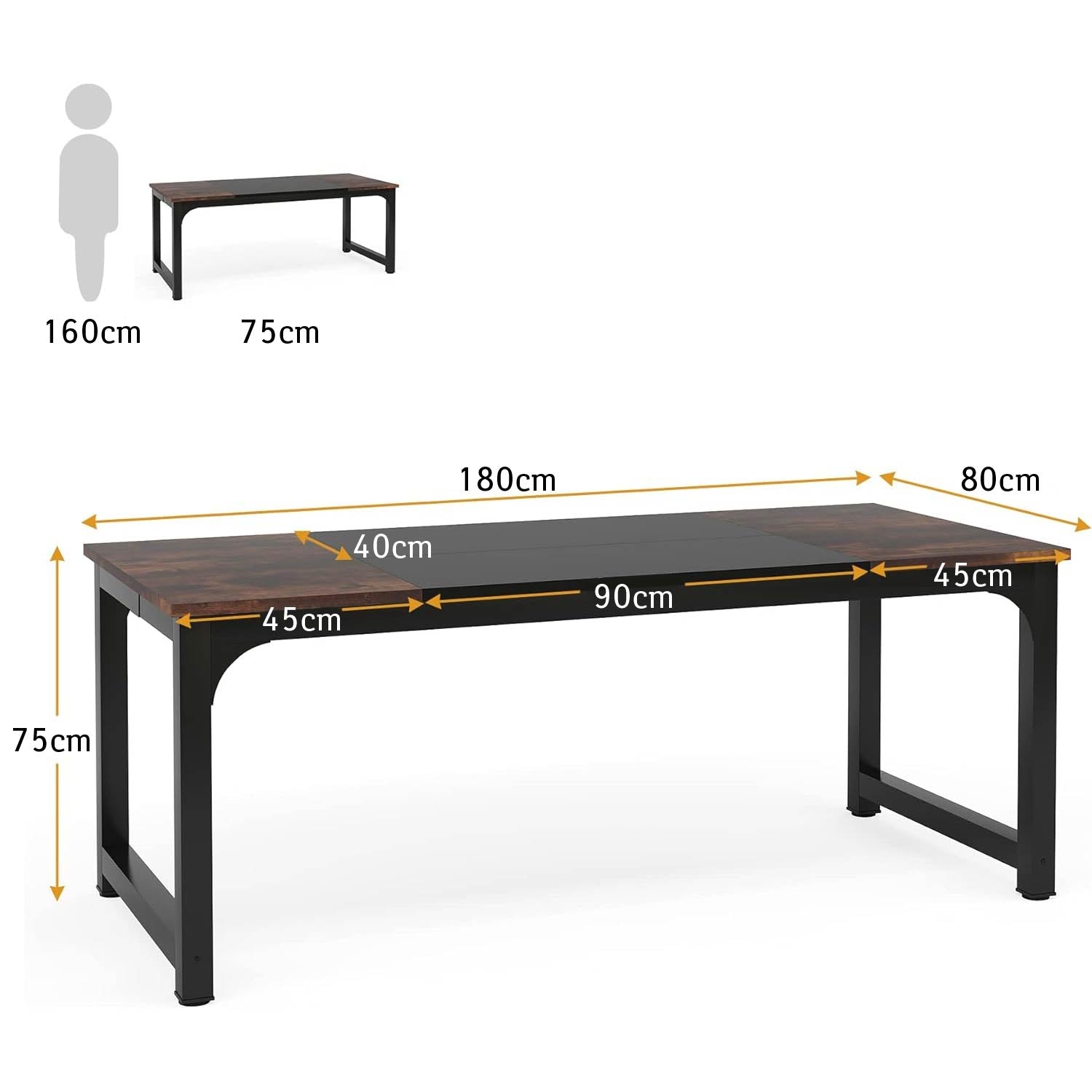 Tribesigns - Schreibtisch groß, 180x80x75 cm, Computertisch, PC Tisch, Bürotisch, Konferenztisch, Braun Schwarz, 5