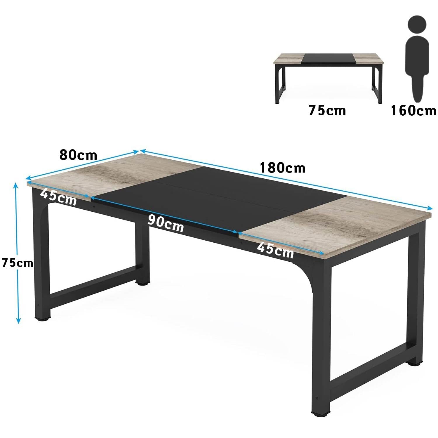 Schreibtisch, 180 x 80 x 75 cm Computertisch, PC Tisch, Bürotisch, für Home Office, Konferenztisch, Vintage-Grau Schwarz, Tribesigns, 3
