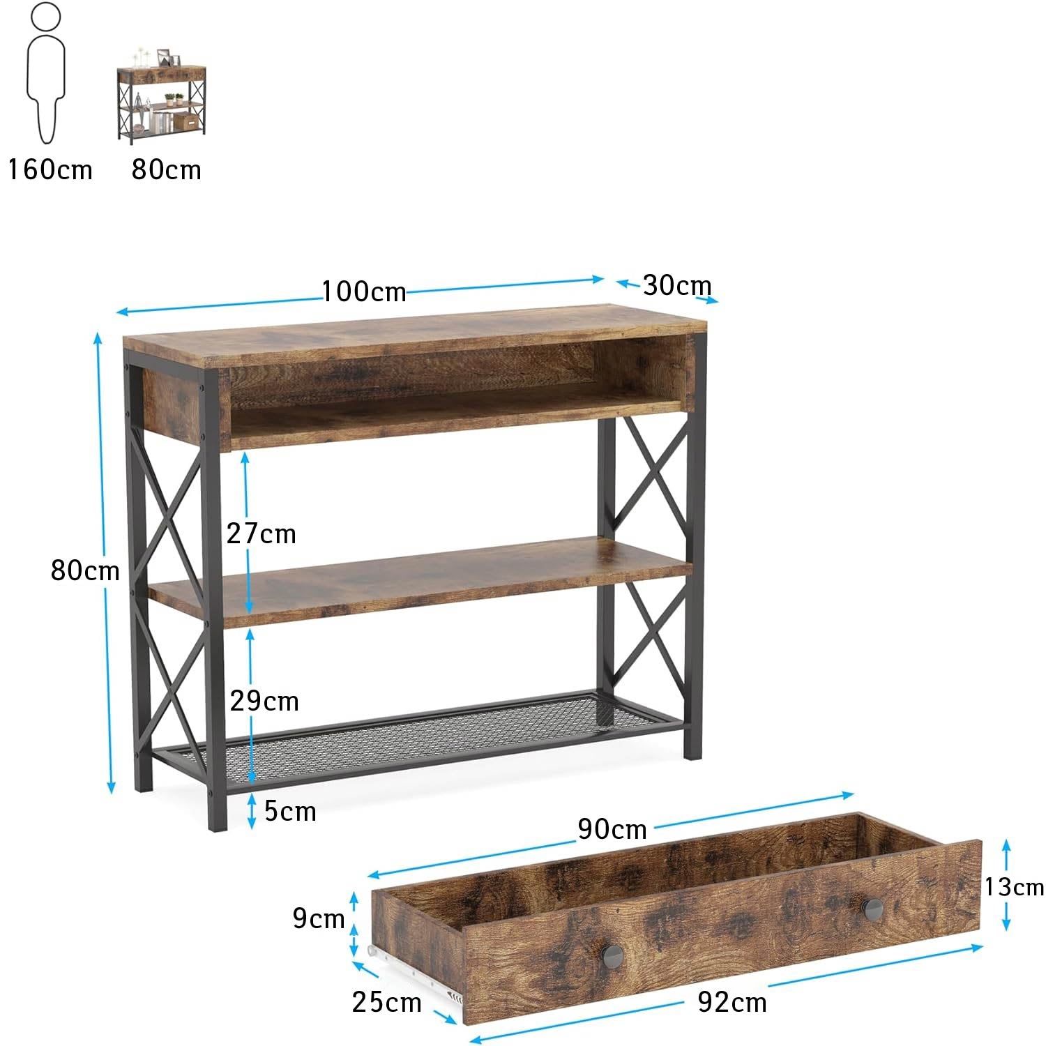 Tribesigns - Konsolentisch Schmal, Konsole, Konsolentisch mit Schublade, 1 Schublade und 2 Regale, Metallrahmen, braun, 7