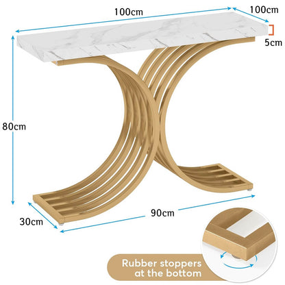 Konsolentisch schmal, Konsole Flur, mit Gold Metallgestell, Kunstmarmor-Tischplatte, Ablagetisch, Weiß Gold, Tribesigns, 8