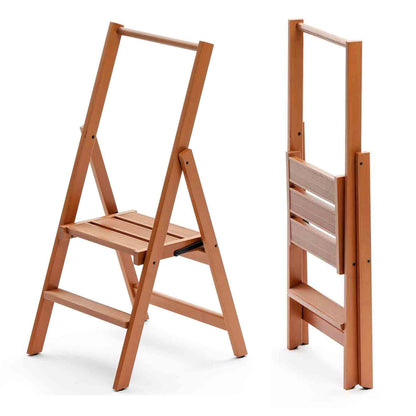 KIMORA 2 – Trittleiter, Trittleiter 2 Stufen, Trittleiter Holz, rutschfeste Stufen, breite Plattform, Beine auf dem Boden – kirschfarben