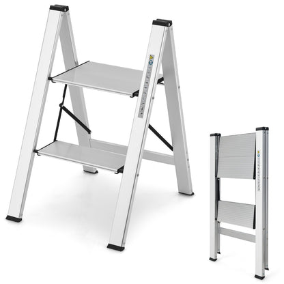 Trittleiter, Trittleiter 2 Stufen, Trittleiter Klappbar, Stehleiter Aluminium Klappleiter bis 150 kg Silber, Castway, 3