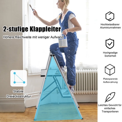 Trittleiter, Trittleiter 2 Stufen, Trittleiter Klappbar, Stehleiter Aluminium Klappleiter bis 150 kg Silber, Castway, 5