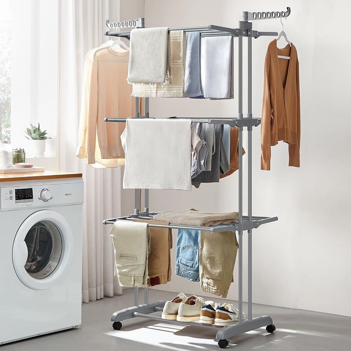 Turmwäscheständer, mit Rollen, Wäscheständer, Hoch, 4 Ebenen, Wäscheständer platzsparend, Stabil, Songmics, 2