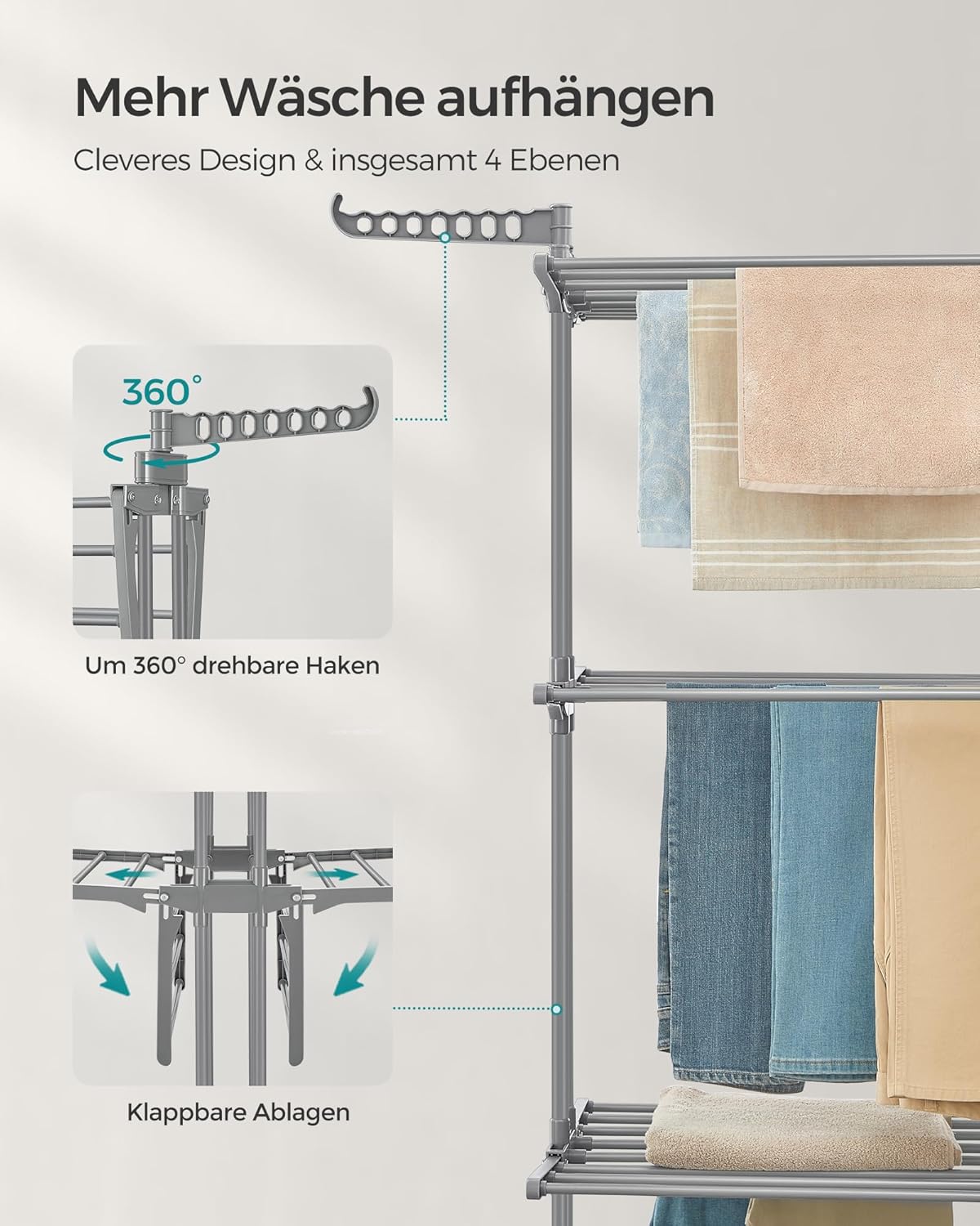 Turmwäscheständer, mit Rollen, Wäscheständer, Hoch, 4 Ebenen, Wäscheständer platzsparend, Stabil, Songmics, 5