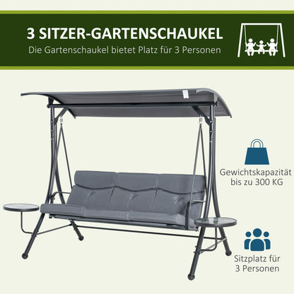 Outsunny - Hollywoodschaukel 3-Sitzer Gartenschaukel Schaukelbank mit verstellbarem Sonnendach Teetisch Stahl Polyester Grau+Schwarz 271 x 125 x 177 cm