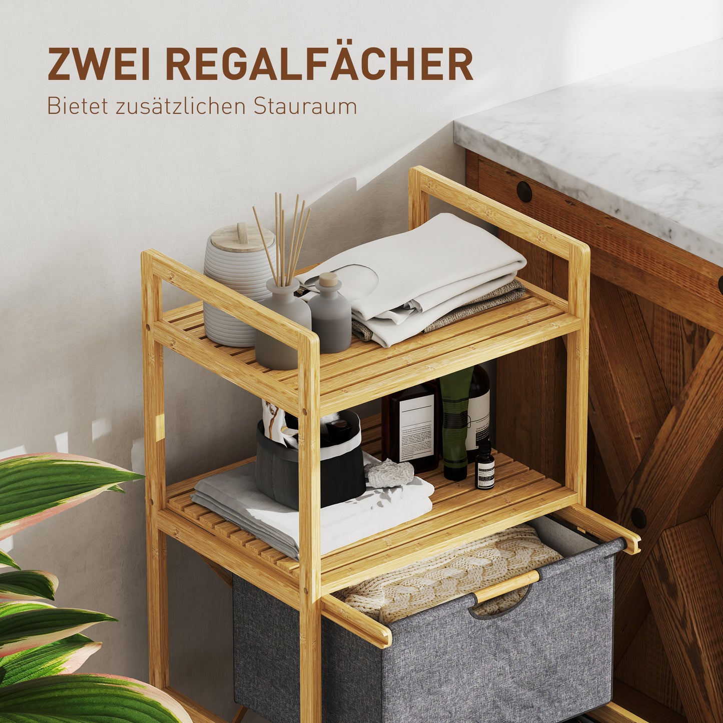 Wäschekorb 2 fächer, Wäschekorb Regal, 35,4 L, Wäschesammler, mit Wäschekörben aus Stoff, Badezimmer Regal, Bambus, Natur, HOMCOM, 5