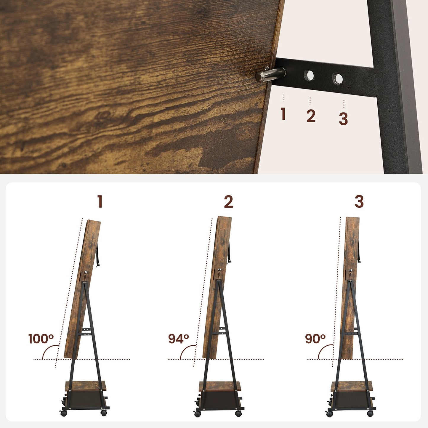 SONGMICS - Standspiegel, Schmuckschrank mit spiegel, Ganzkörperspiegel, Spiegelschrank, mit Rollen, braun-schwarz, 6