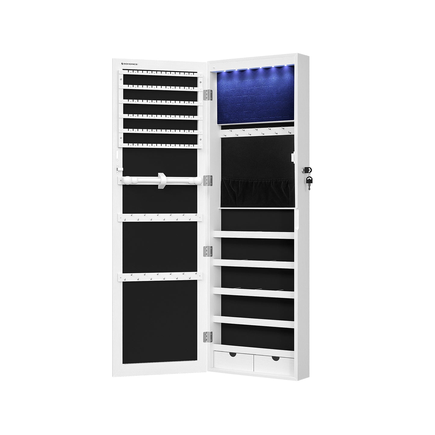 Schmuckschrank mit Spiegel, Wandspiegel, hängend, 6 LED-Glühbirnen, Wandschrank, Wandmontage, Weiß, SONGMICS, 1