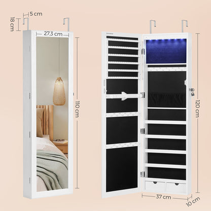 Schmuckschrank mit Spiegel, Wandspiegel, hängend, 6 LED-Glühbirnen, Wandschrank, Wandmontage, Weiß, SONGMICS, 6