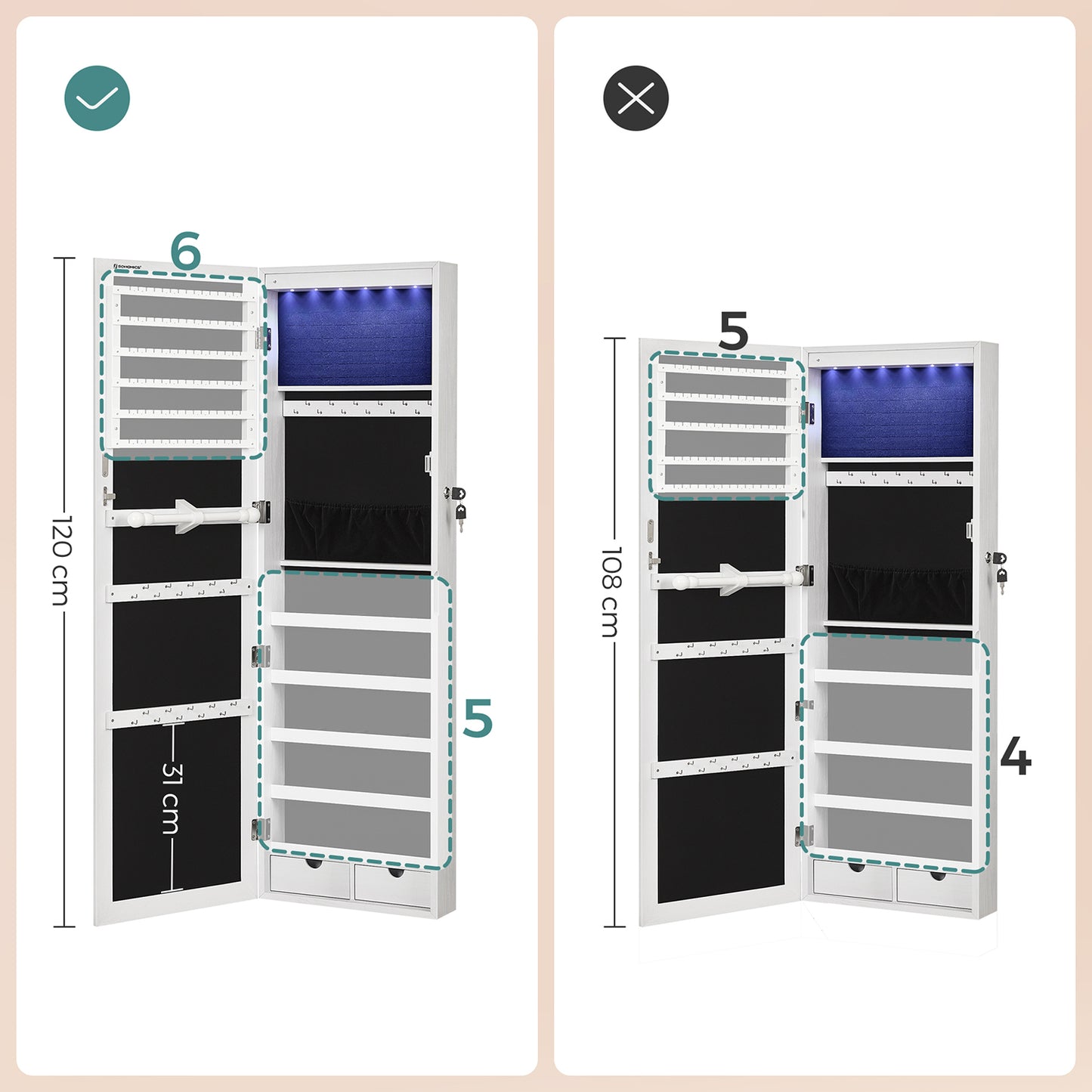 Schmuckschrank mit Spiegel, Wandspiegel, hängend, 6 LED-Glühbirnen, Wandschrank, Wandmontage, Weiß, SONGMICS, 8