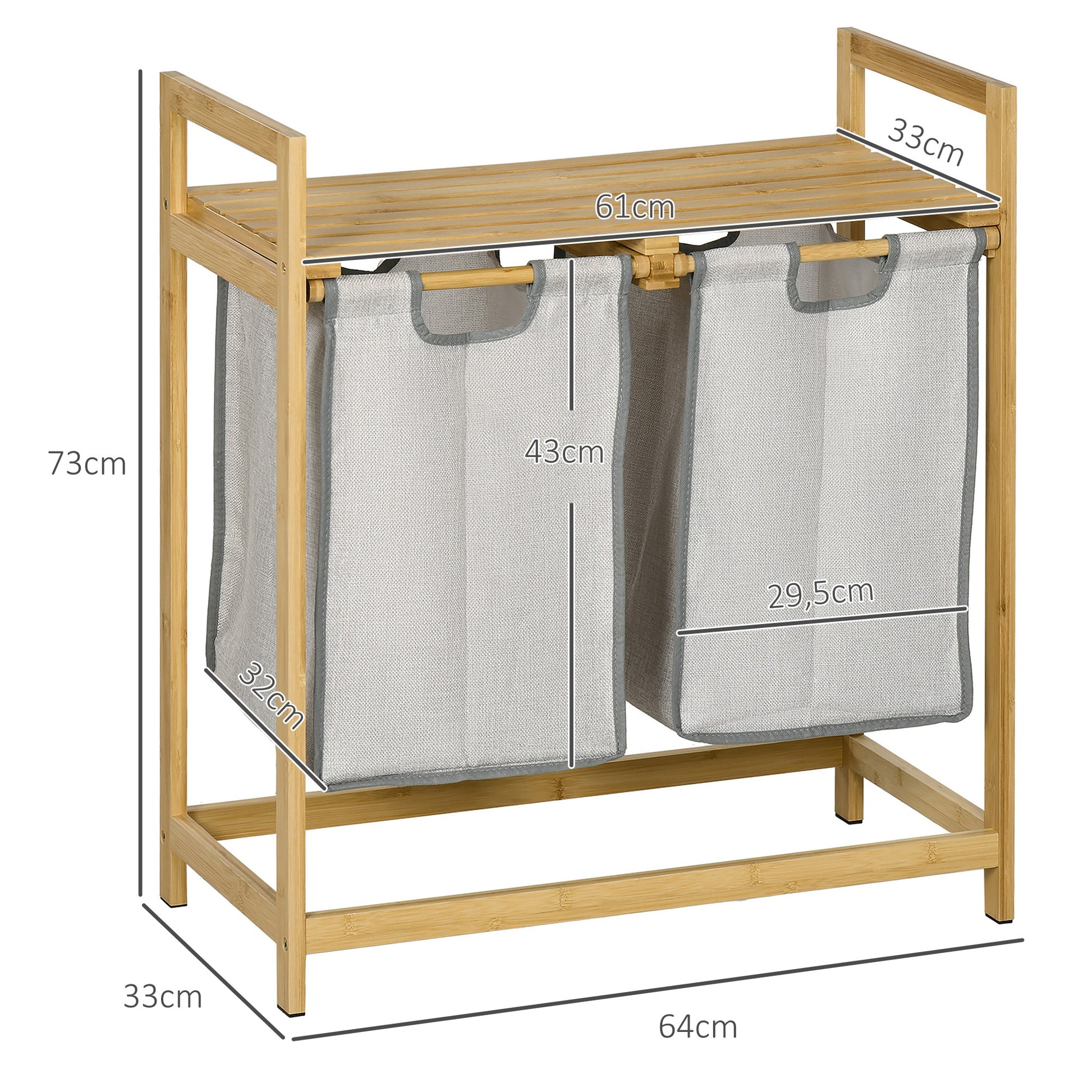 Wäschekorb 2 fächer, 81,2 L,  Wäschesammler, mit abnehmbaren Wäschesäcken, Wäschekorb Regal, Badezimmer regal, Bambus Natur, HOMCOM, 3