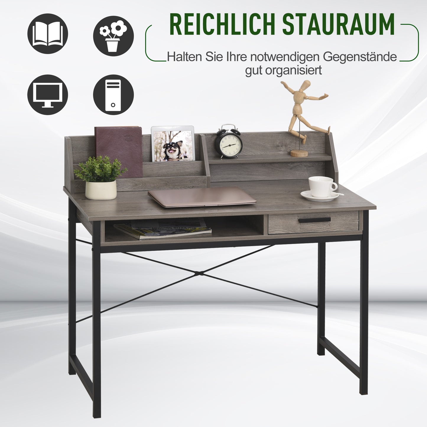 HOMCOM - Schreibtisch  mit Regal und Schublade, Computertisch, Bürotisch, industrieller Stil, MDF, Metall, Grau+Schwarz, 106x53x95cm