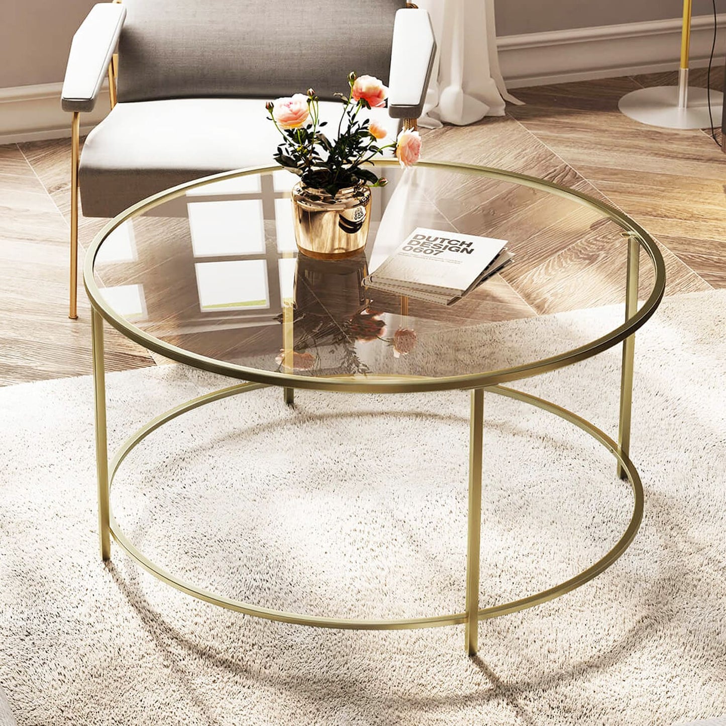 Couchtisch rund, Beistelltisch, Glastisch mit goldenem Eisen-Gestell, Wohnzimmertisch, Sofatisch, Vasagle