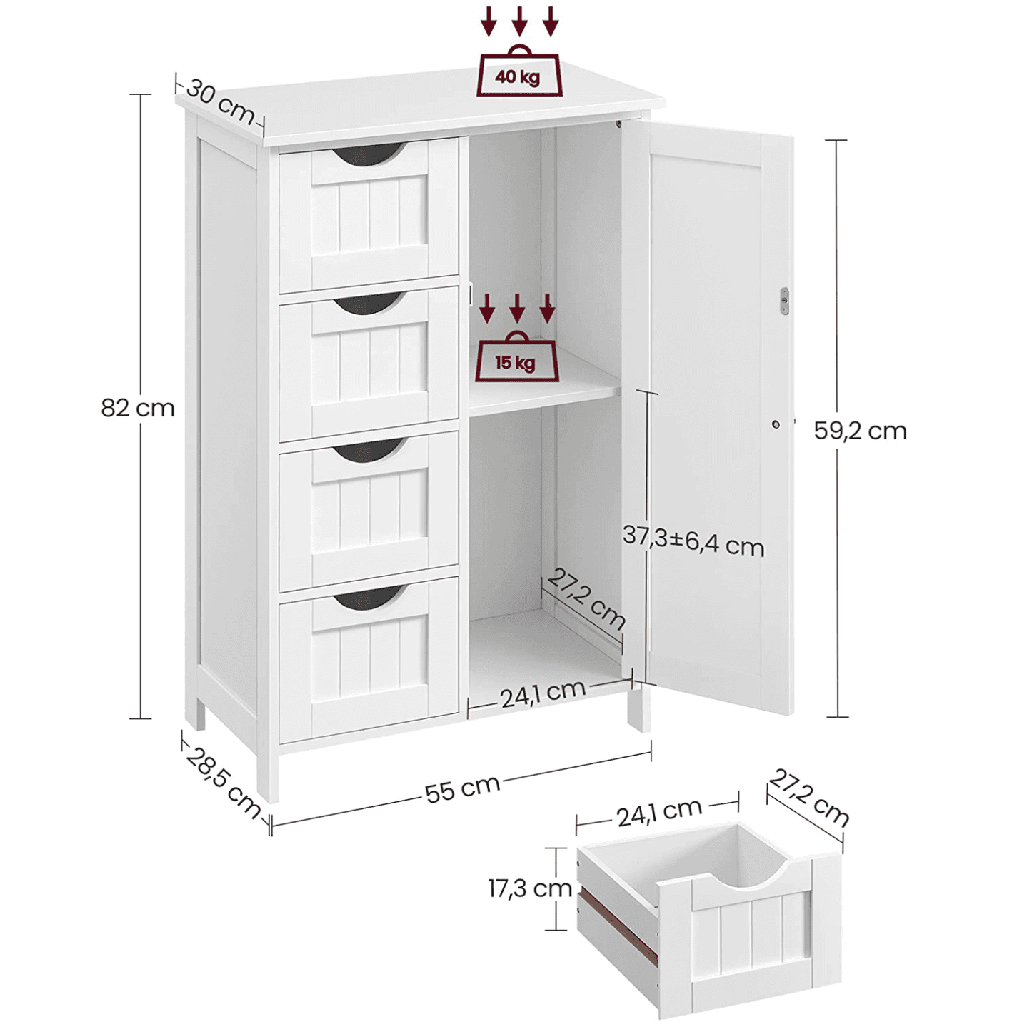 Vasagle Badschrank aus Holz, Badezimmerschrank mit Doppeltür und 2 verstellbare Einlegeböden, Weiß