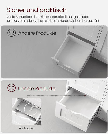 Vasagle Badschrank aus Holz, Badezimmerschrank mit 4 Schubladen und verstellbare Ablage, Weiß