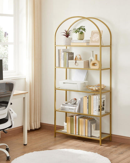 Bücherregal, Bücherregal mit 5 Ebenen 183,5 cm hoch Standregal aus Hartglas stabil einfach Aufbau bogenförmig golden, Vasagle, 4