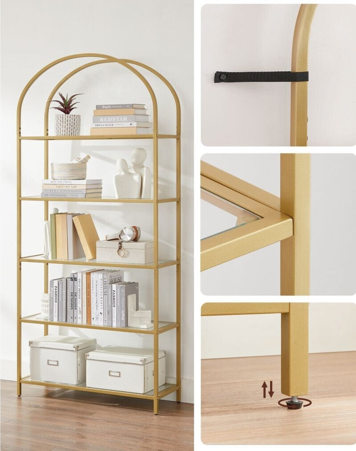 Bücherregal, Bücherregal mit 5 Ebenen 183,5 cm hoch Standregal aus Hartglas stabil einfach Aufbau bogenförmig golden, Vasagle, 3