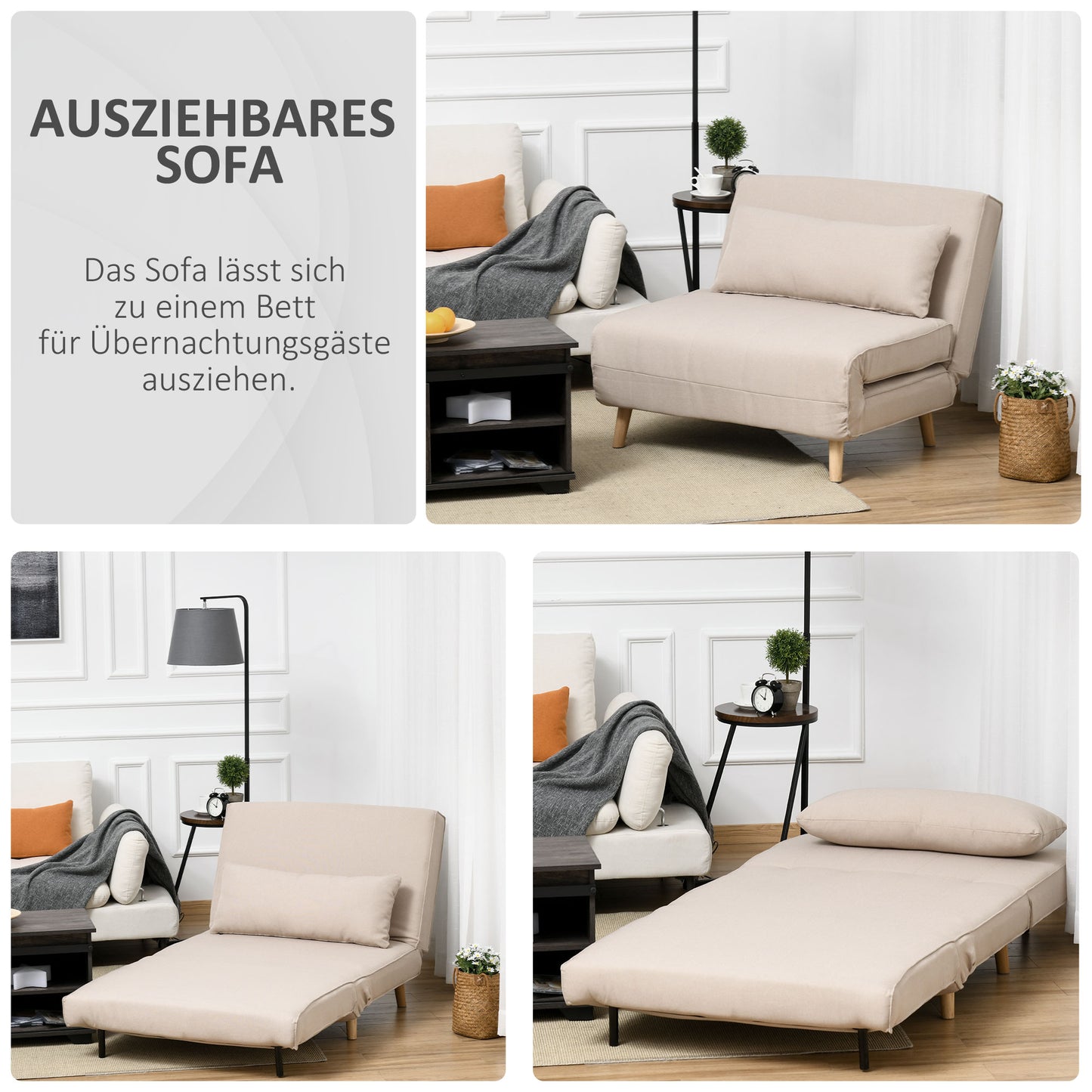 HOMCOM - Schlafsofa Einzelsofa Sofabett, Klappsofa mit verstellbarer Rückenlehne, nordisch, Leinenimitat