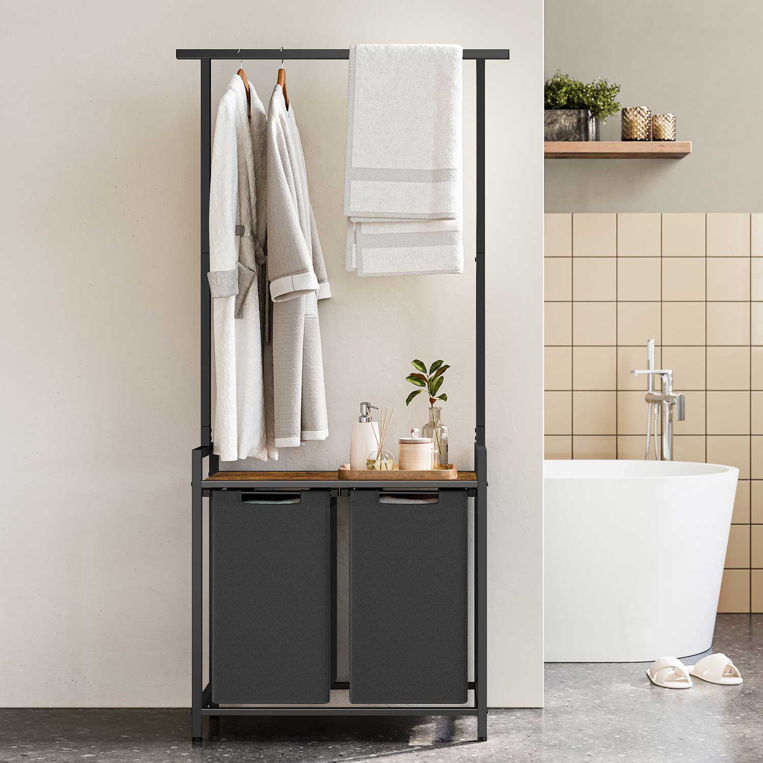 Wäschekorb Regal, 2x46 L, Wäschesammler Schrank, 2 Fächer, mit Kleiderstange, Wäschesortierer mit Ablage, schwarz, VASAGLE, 1