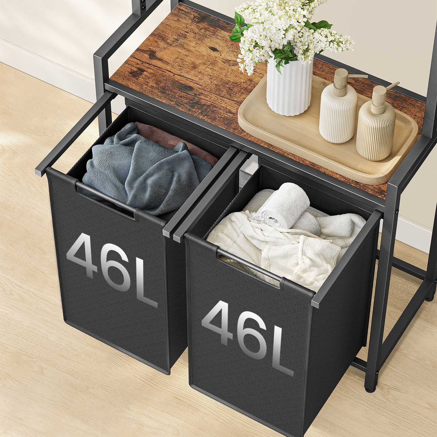 Wäschekorb Regal, 2x46 L, Wäschesammler Schrank, 2 Fächer, mit Kleiderstange, Wäschesortierer mit Ablage, schwarz, VASAGLE, 2