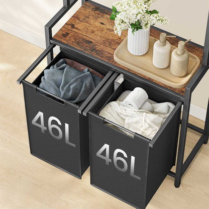 Wäschekorb Regal, 2x46 L, Wäschesammler Schrank, 2 Fächer, mit Kleiderstange, Wäschesortierer mit Ablage, schwarz, VASAGLE, 2
