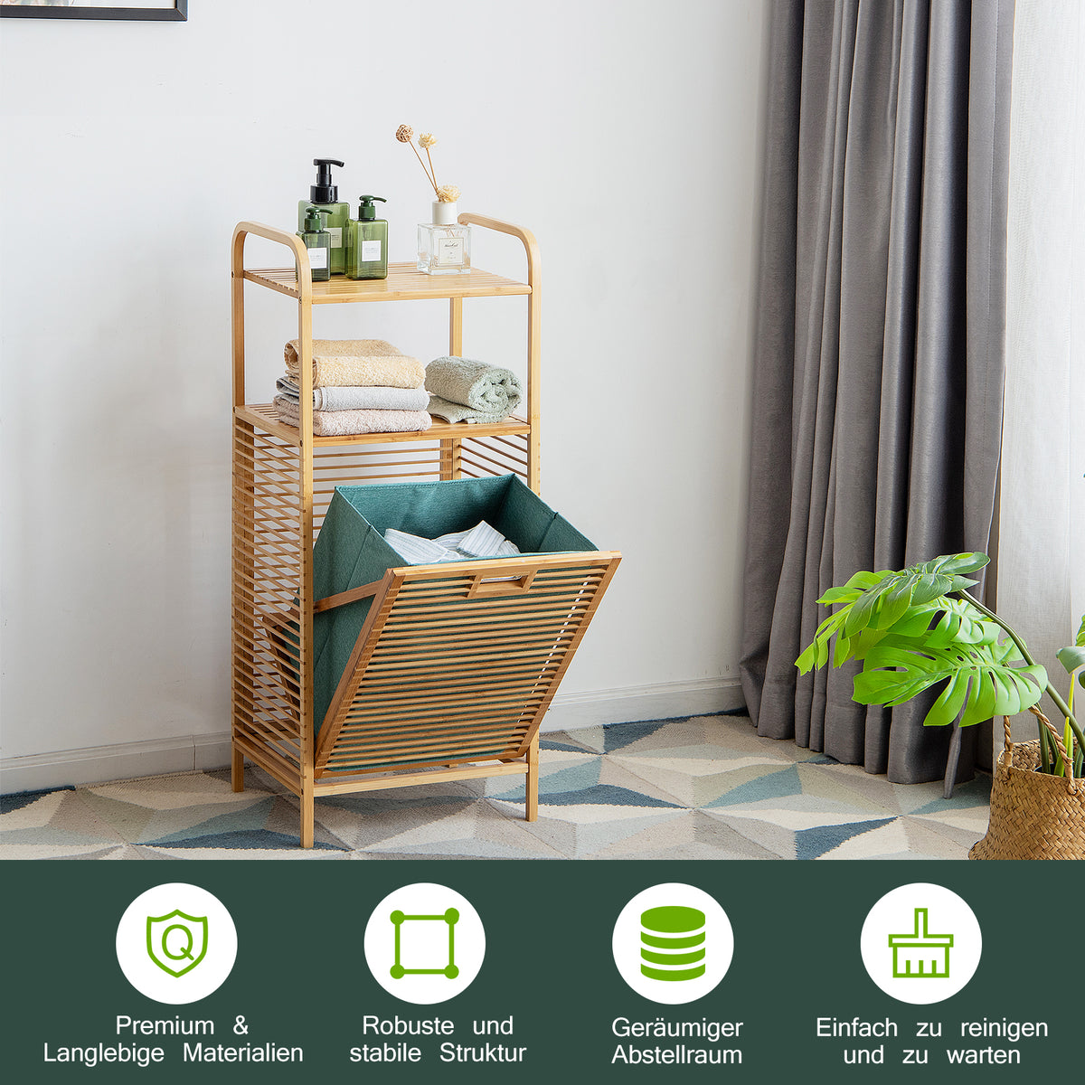 Badschrank mit Wäschekorb, Ausklappbarer Wäschekorb –