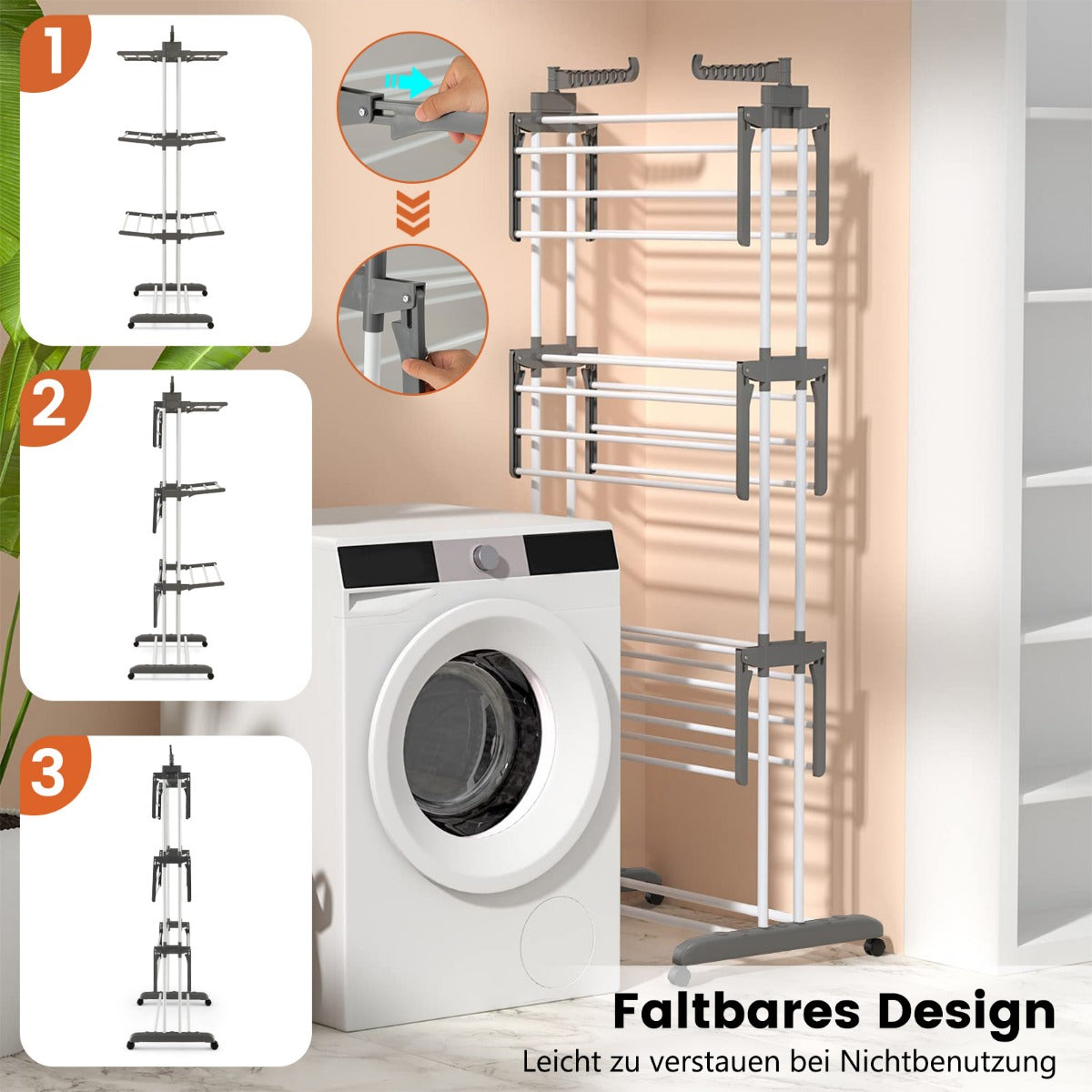 Wäscheständer Klappbar, Wäscheständer Turm, Wäscheständer Hoch, 3-stufiger Wäscheständer, Grau, Castway, 3
