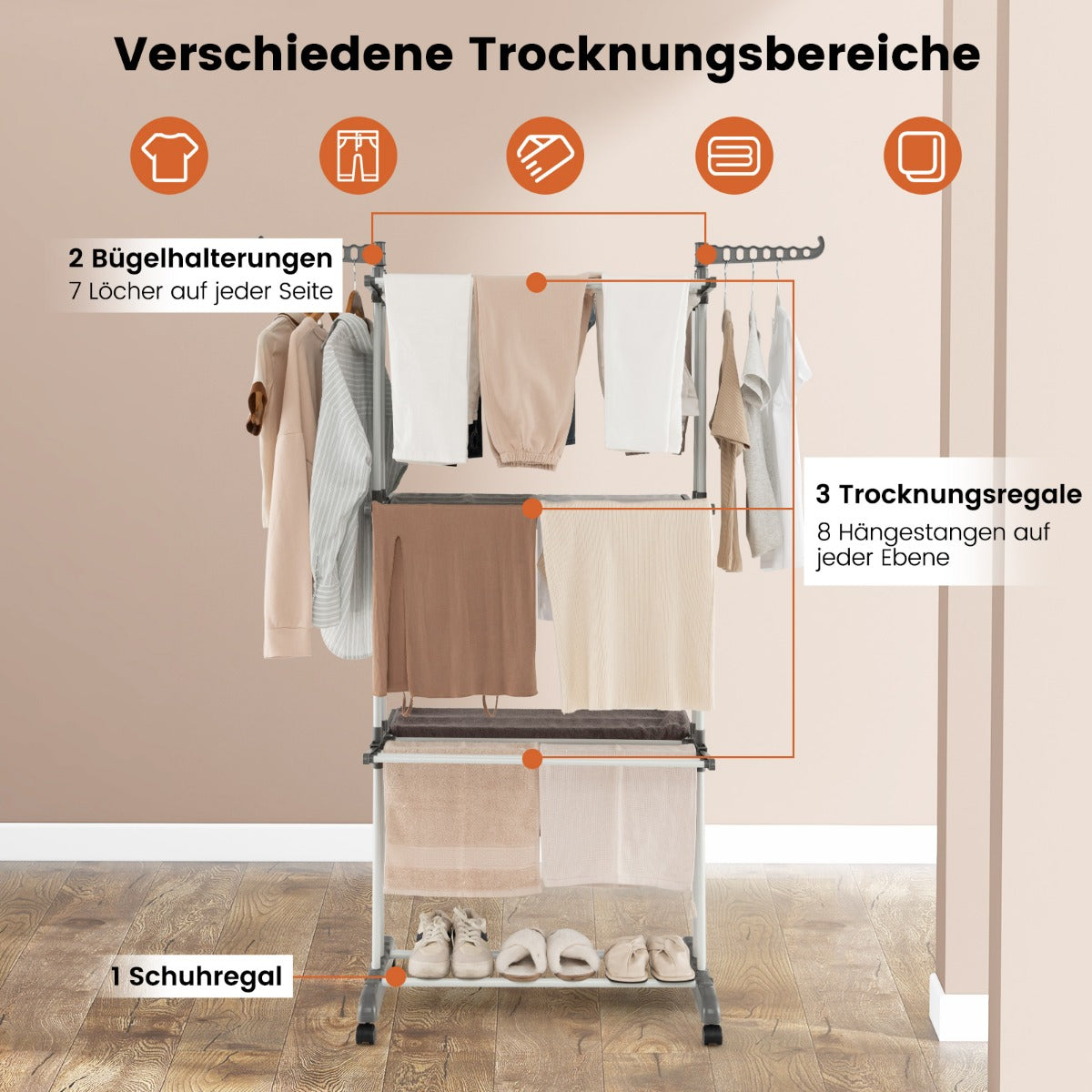 Wäscheständer Klappbar, Wäscheständer Turm, Wäscheständer Hoch, 3-stufiger Wäscheständer, Grau, Castway, 4