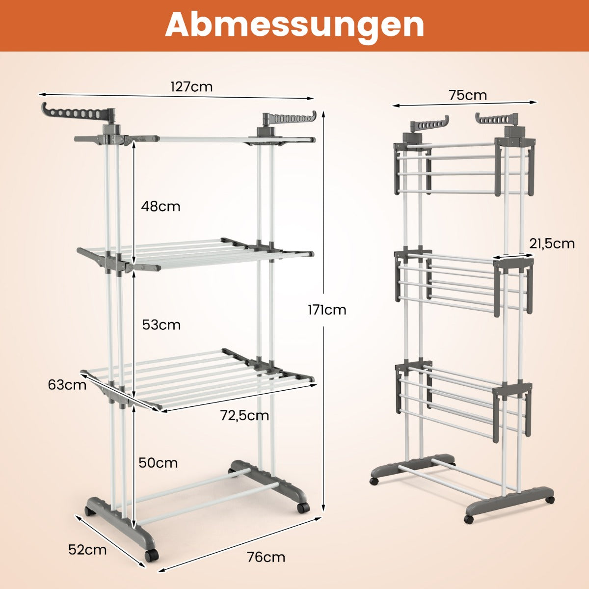 Wäscheständer Klappbar, Wäscheständer Turm, Wäscheständer Hoch, 3-stufiger Wäscheständer, Grau, Castway, 5