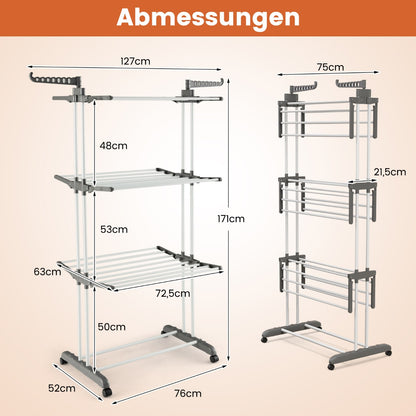 Wäscheständer Klappbar, Wäscheständer Turm, Wäscheständer Hoch, 3-stufiger Wäscheständer, Grau, Castway, 5