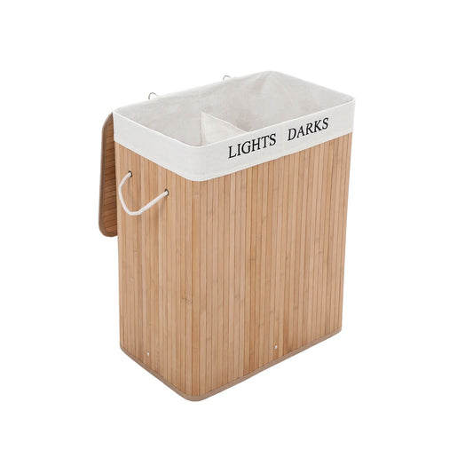 Songmics - Wäschekorb aus Bambus, 100 L Wäschesortierer mit 2 Fächern, faltbarer Wäschesammler mit herausnehmbarem Wäschesack, Wäschebox mit Griffen