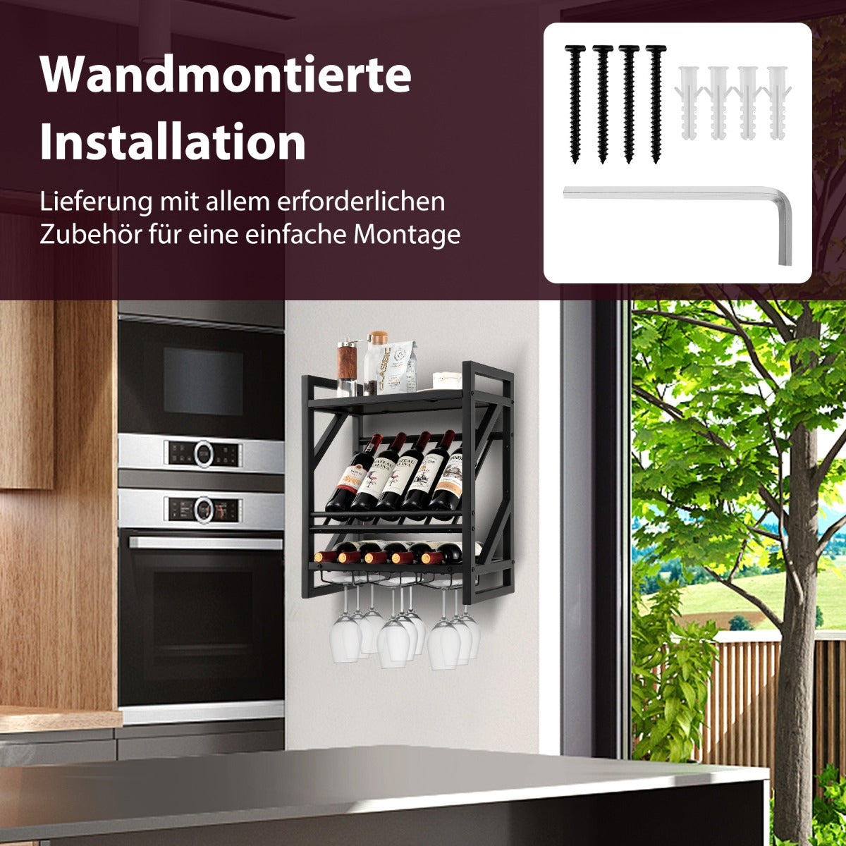 Weinregal, Flaschenregal, Wand Weinregal, mit 2 Ebenen, Weinflaschenregal mit 3 Reihen, Costway, 4