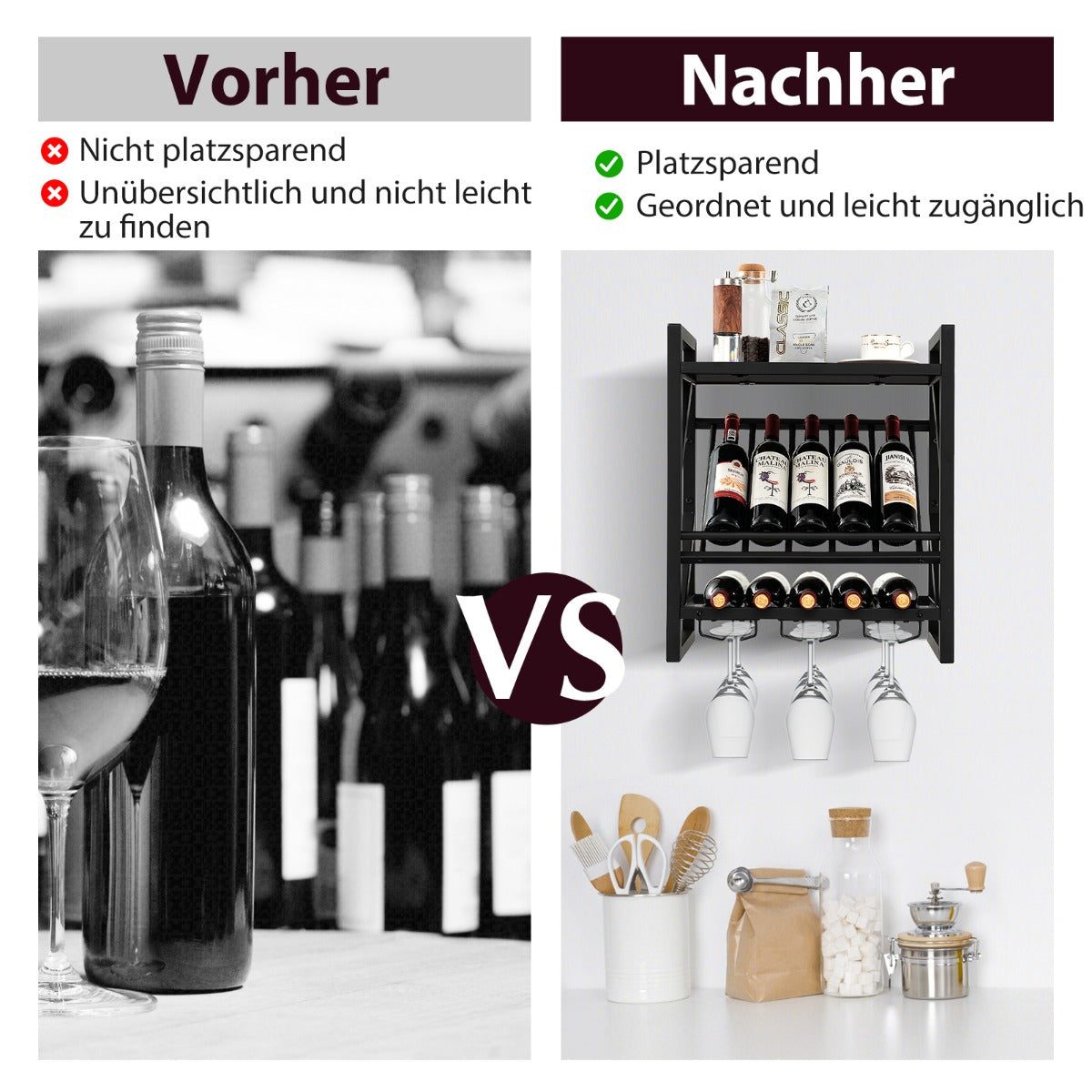 Weinregal, Flaschenregal, Wand Weinregal, mit 2 Ebenen, Weinflaschenregal mit 3 Reihen, Costway, 7