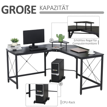 HOMCOM - Eckschreibtisch  L-förmiger Computertisch, Schreibtisch mit Monitorständer, Industrie-Design, Stahl, Schwarz, 150x150x76cm