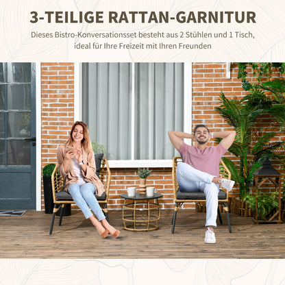 Outsunny - Rattan Gartenmöbel-Set, 3-TLG. Sitzgruppe, inkl. Couchtisch und 2 Stühle, Bistro-Set mit Kissen, Balkonmöbel, Sand+Dunkelgrau