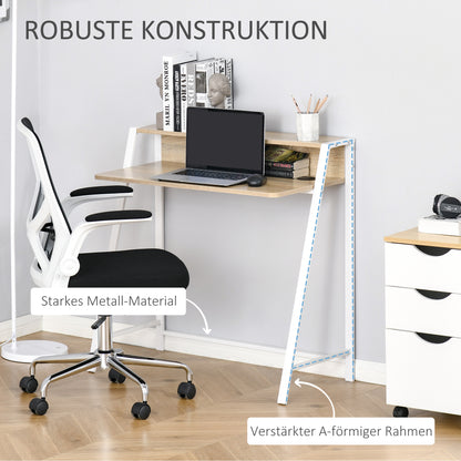 HOMCOM - Schreibtisch  Moderner Computertisch mit Ablagefach & Kabeldurchlass, Metallgestell, Weiß+Eiche, 84x45x85cm